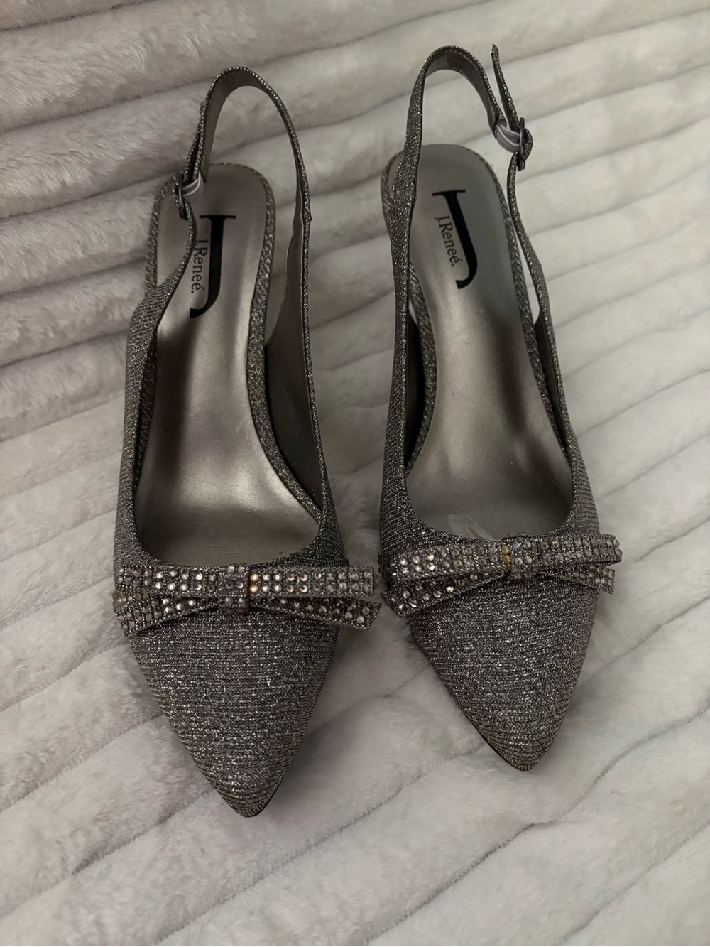 J.Renee Glitter Pointed Slingback Heels with Crystal Bow - Silver Glitter 8M